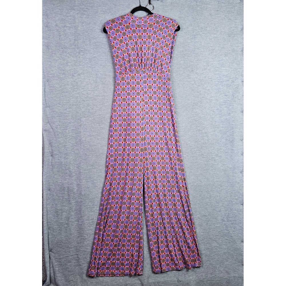 Geometric Floral Sunburst Wide Leg Jumpsuit Purple Orange Tie Back Size S